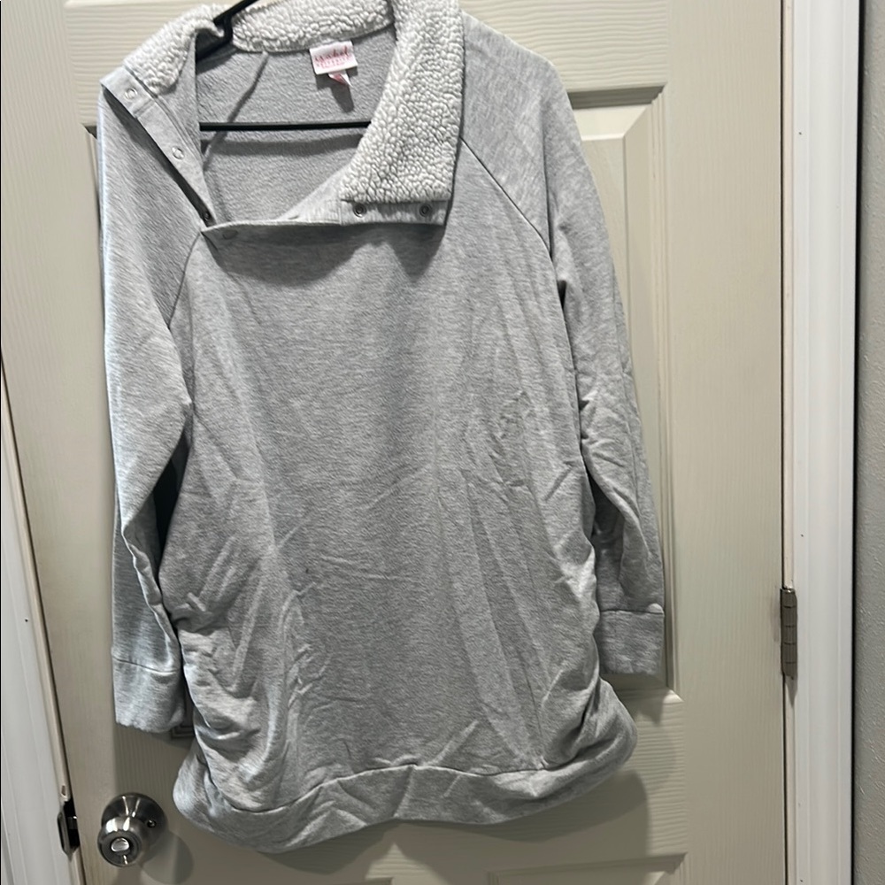 Gray Maternity Pullover with Sherpa Collar
